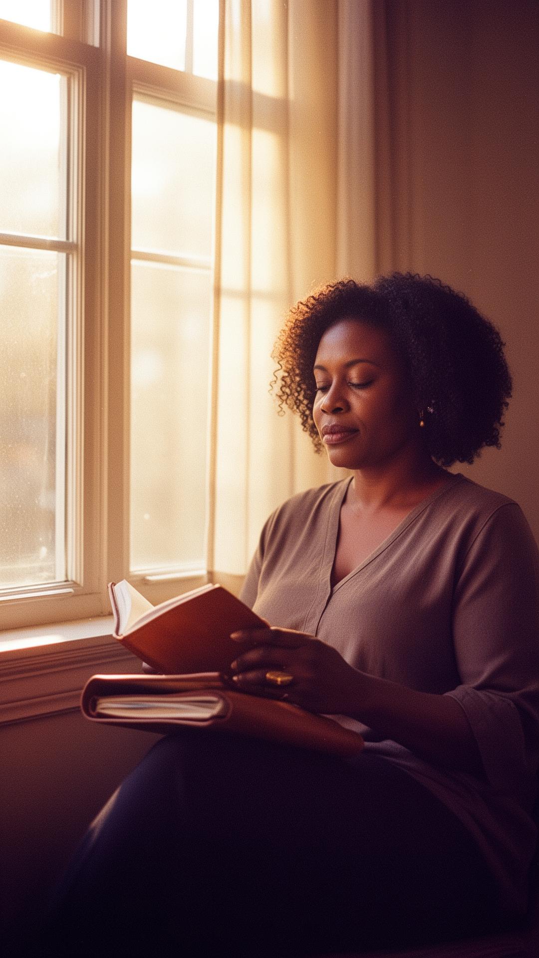 A woman reading in warm window light