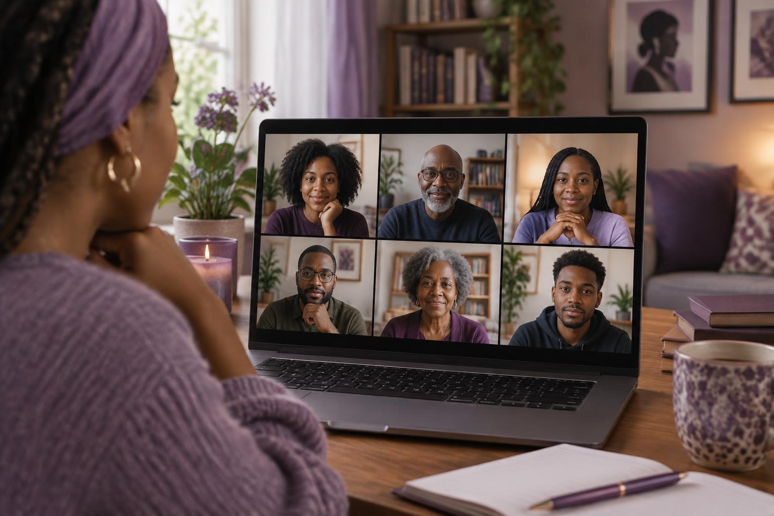 A virtual learning circle of adults meeting together in a video call