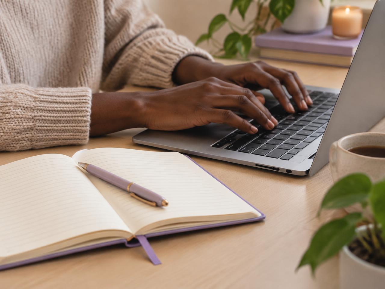 Hands typing on a laptop beside an open journal during an online learning session